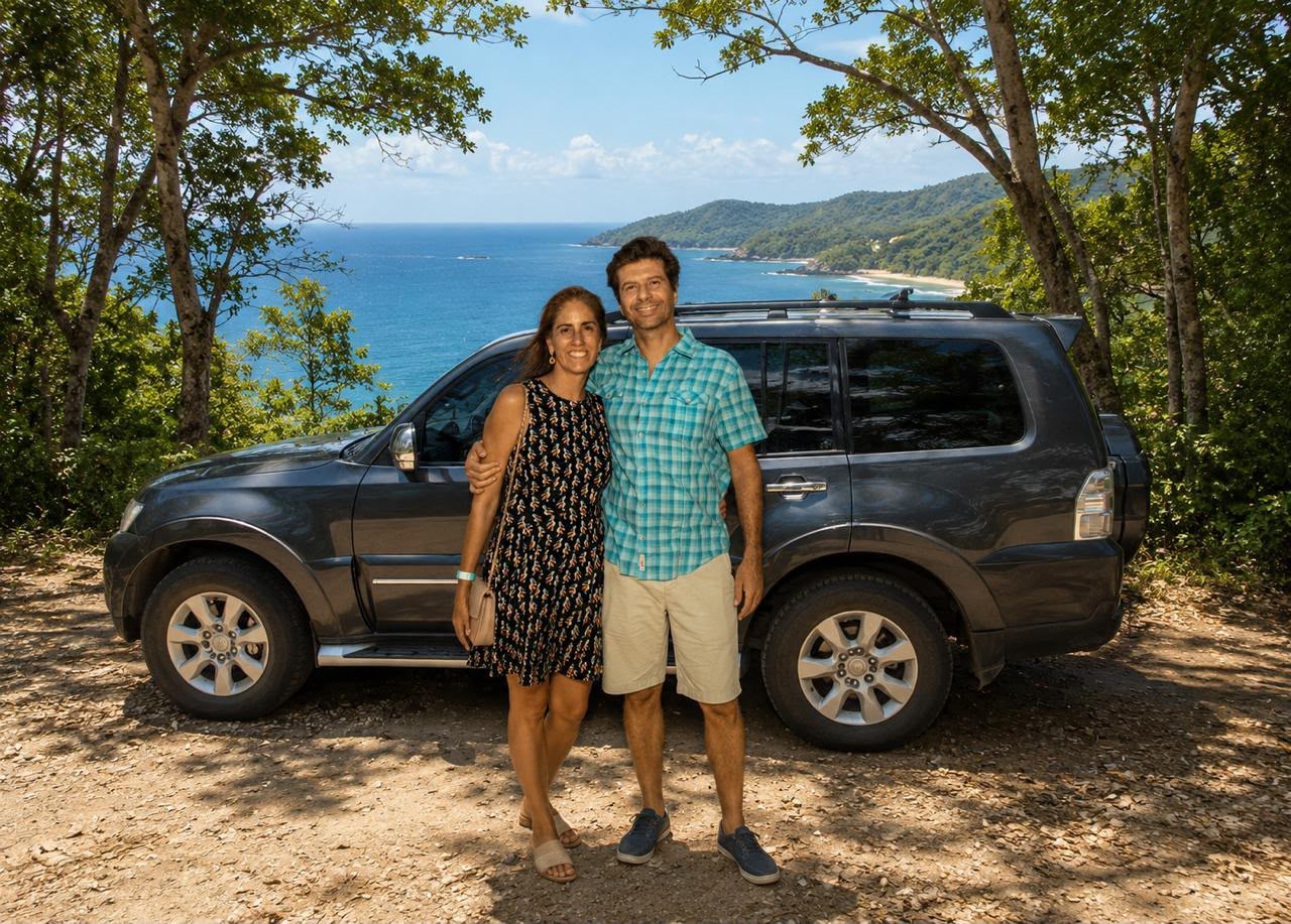 Alex and Lili, founders of Pura Life, with their SUV above the Guanacaste coast